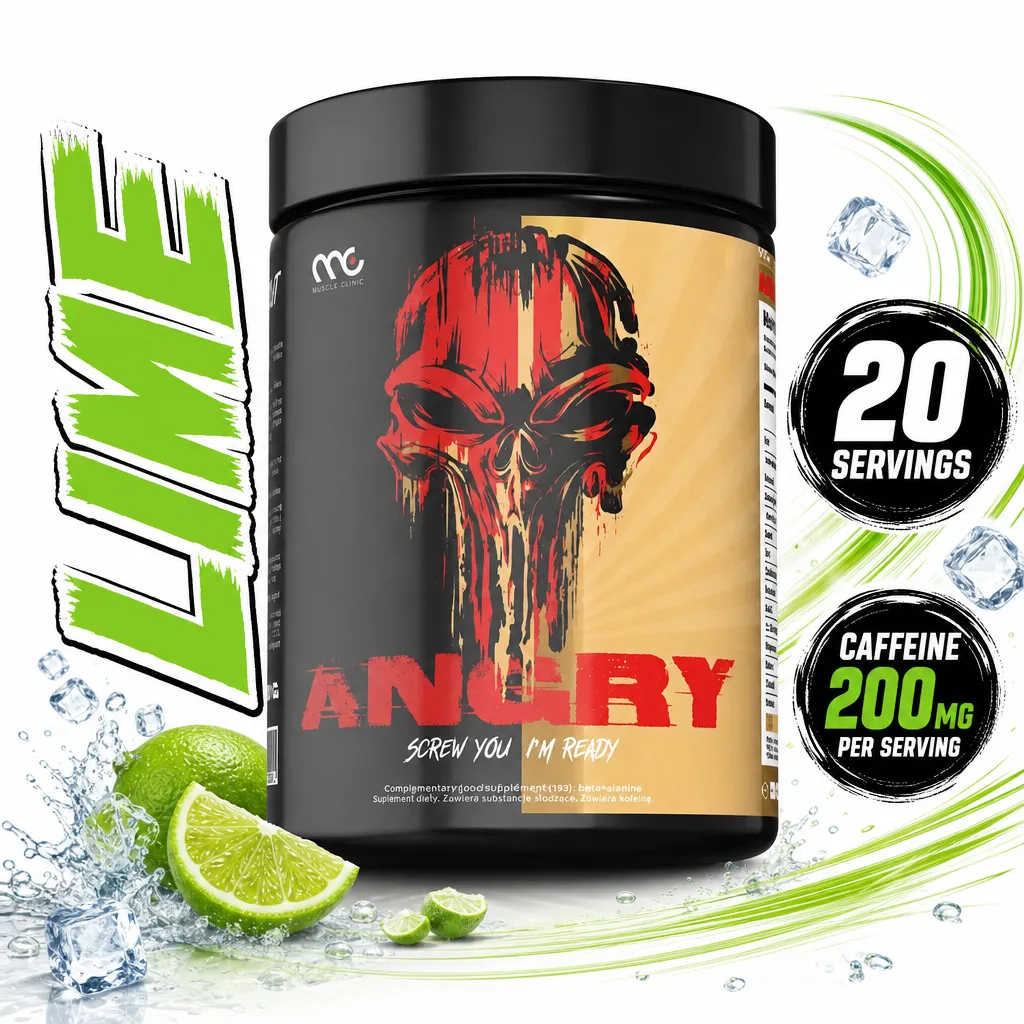 Muscle Clinic ANGRY Pre-Workout 300g lime-flavour powder in a black tub, with 20 servings and 200mg caffeine per serving.