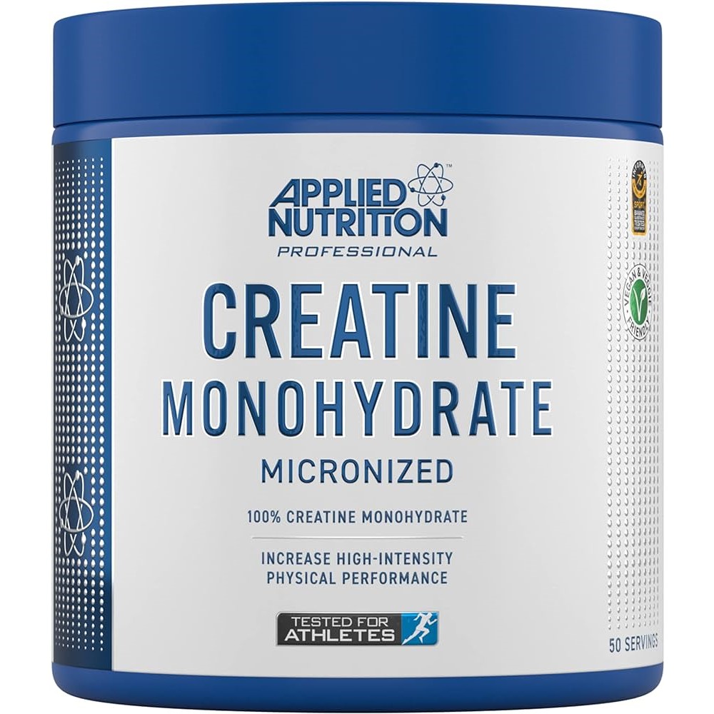 Applied Nutrition Creatine Monohydrate Micronized is a 100% creatine monohydrate supplement for increasing high-intensity physical performance, unflavoured, in a blue and white tub.