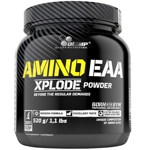 Olimp Amino EAA Xplode Powder 520g essential amino acid supplement in a black container, designed for athletes and fitness enthusiasts.