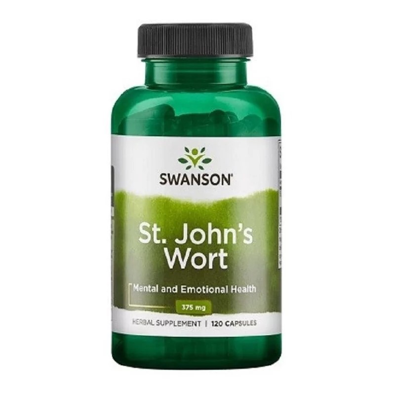 Swanson St. John's Wort 375mg 120 capsules herbal supplement for mental and emotional health, in a green bottle with a black cap.