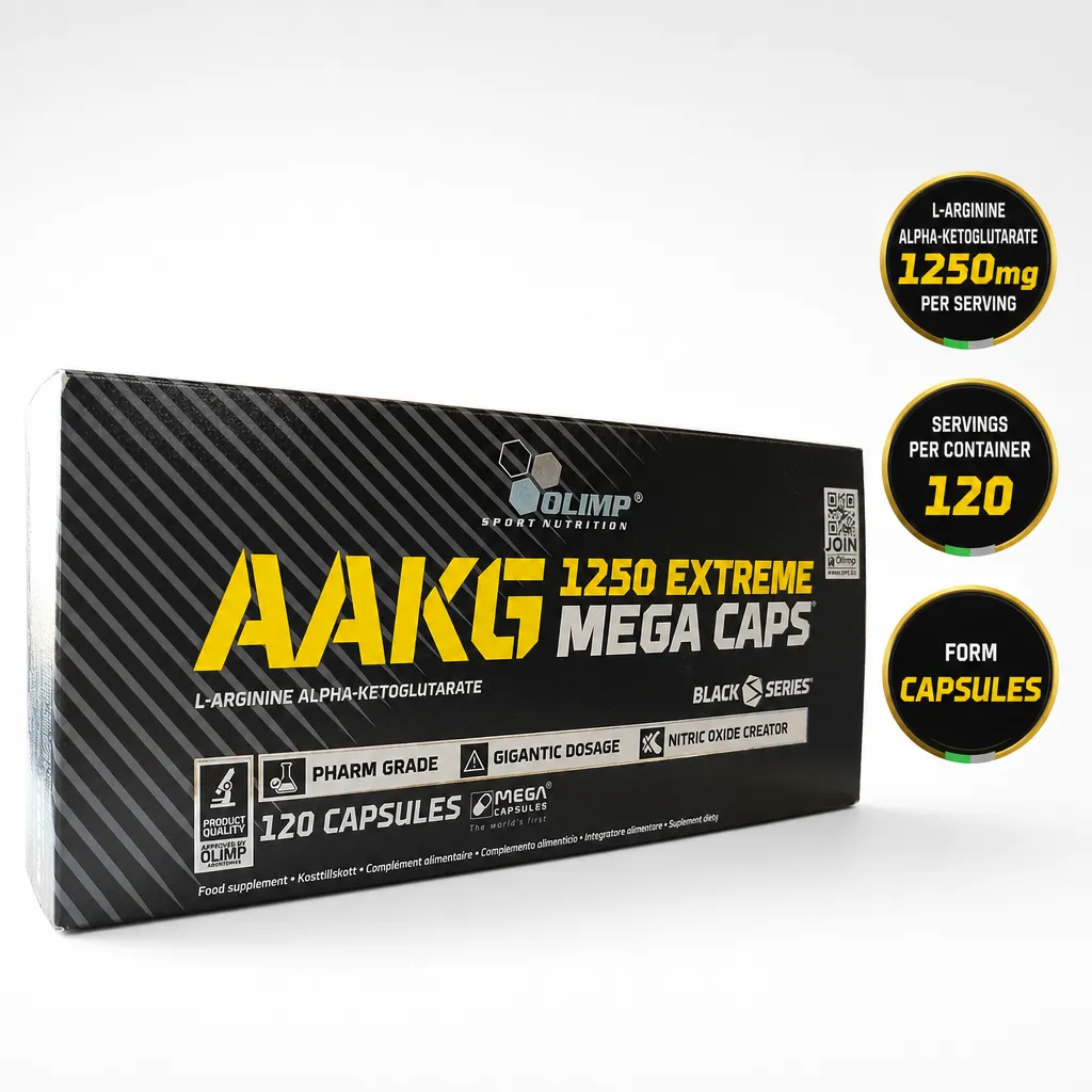 Olimp AAKG Extreme 1250mg 120 Caps, L-arginine alpha-ketoglutarate capsule supplement in a black box