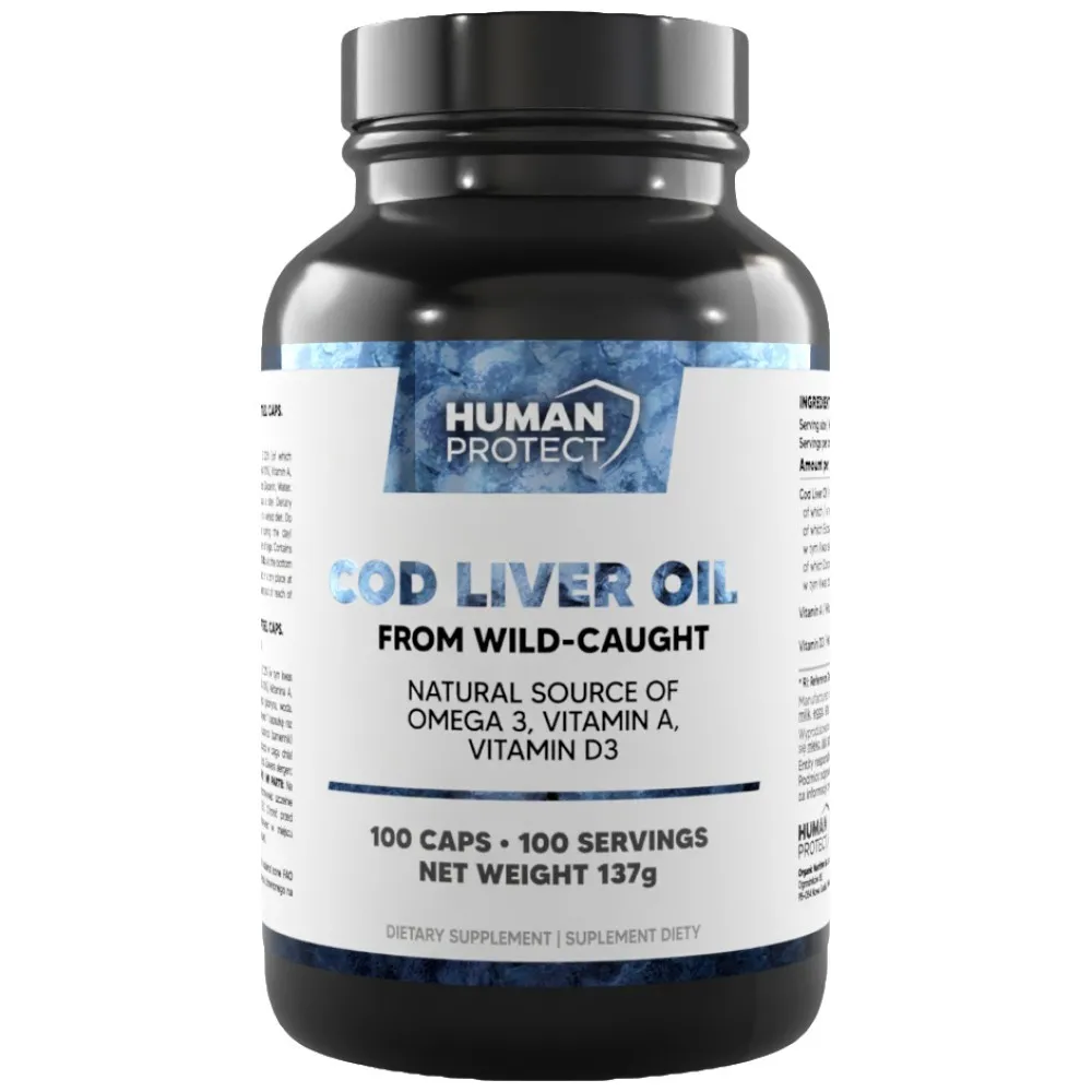 Human Protect Cod Liver Oil 100 Softgels, cod liver oil supplement in a black bottle with a blue-and-white label, 100 capsules.