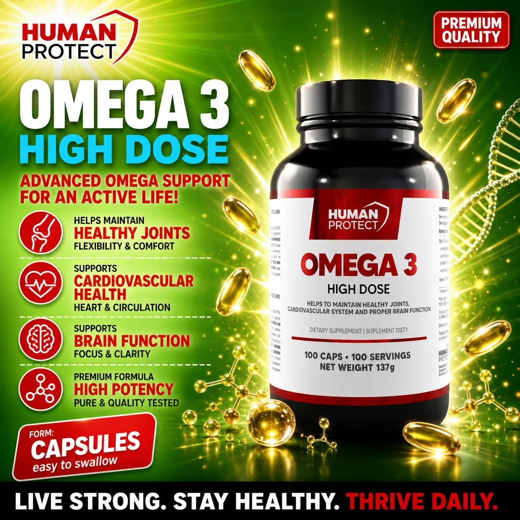 Human Protect Omega 3 High Dose capsules, dietary supplement for joint, cardiovascular, and brain health, 100 softgels, black bottle with red and white label, green background.