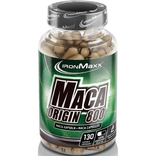 IronMaxx Maca Origin 800 capsules, a dietary supplement with 130 capsules per bottle, featuring maca root extract, in a transparent bottle with a green label.
