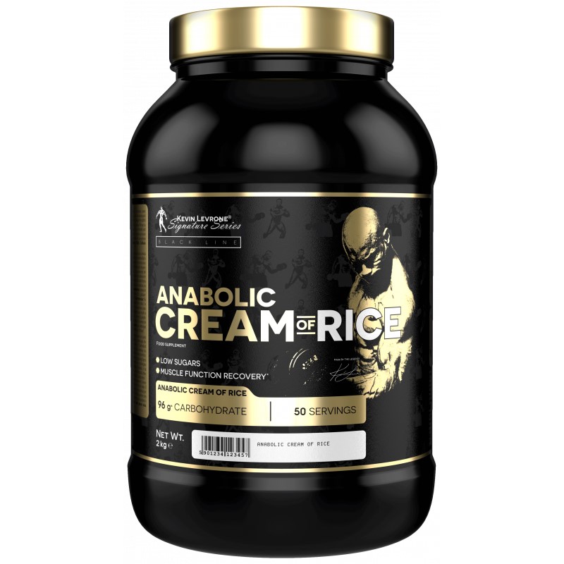 Kevin Levrone Anabolic Cream of Rice 2kg carbohydrate supplement, black and gold container, 50 servings, low sugars, muscle function recovery.