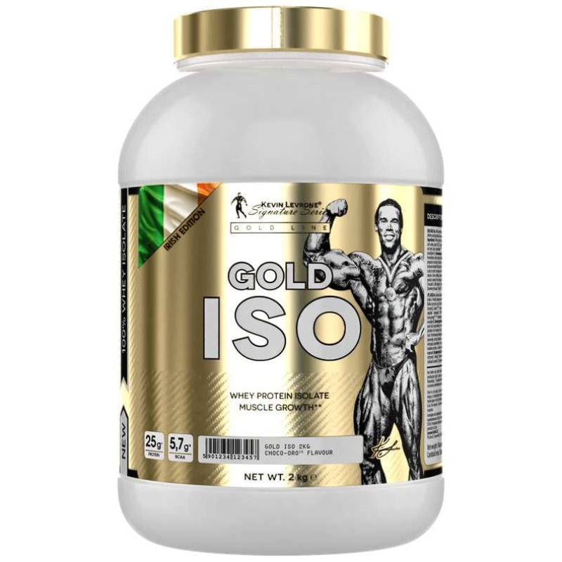 Kevin Levrone Gold ISO 2000g Irish Edition whey protein isolate supplement with gold label and bodybuilder illustration, limited Irish edition.