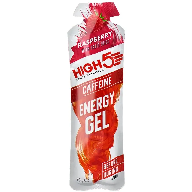 High5 Energy Gel Caffeine 40g raspberry flavour sports nutrition gel with fruit juice, designed for energy boost before and during exercise, in a red and white sachet.