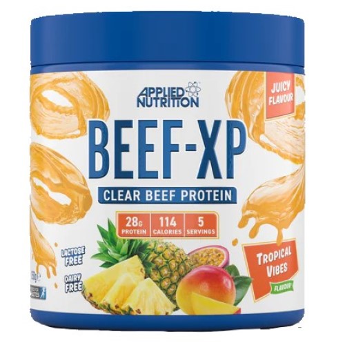 Applied Nutrition Beef-XP Clear Beef Protein Tropical Vibes flavour, a lactose-free and dairy-free beef protein supplement with 28g protein per serving, in a blue and white tub featuring pineapple and mango imagery.