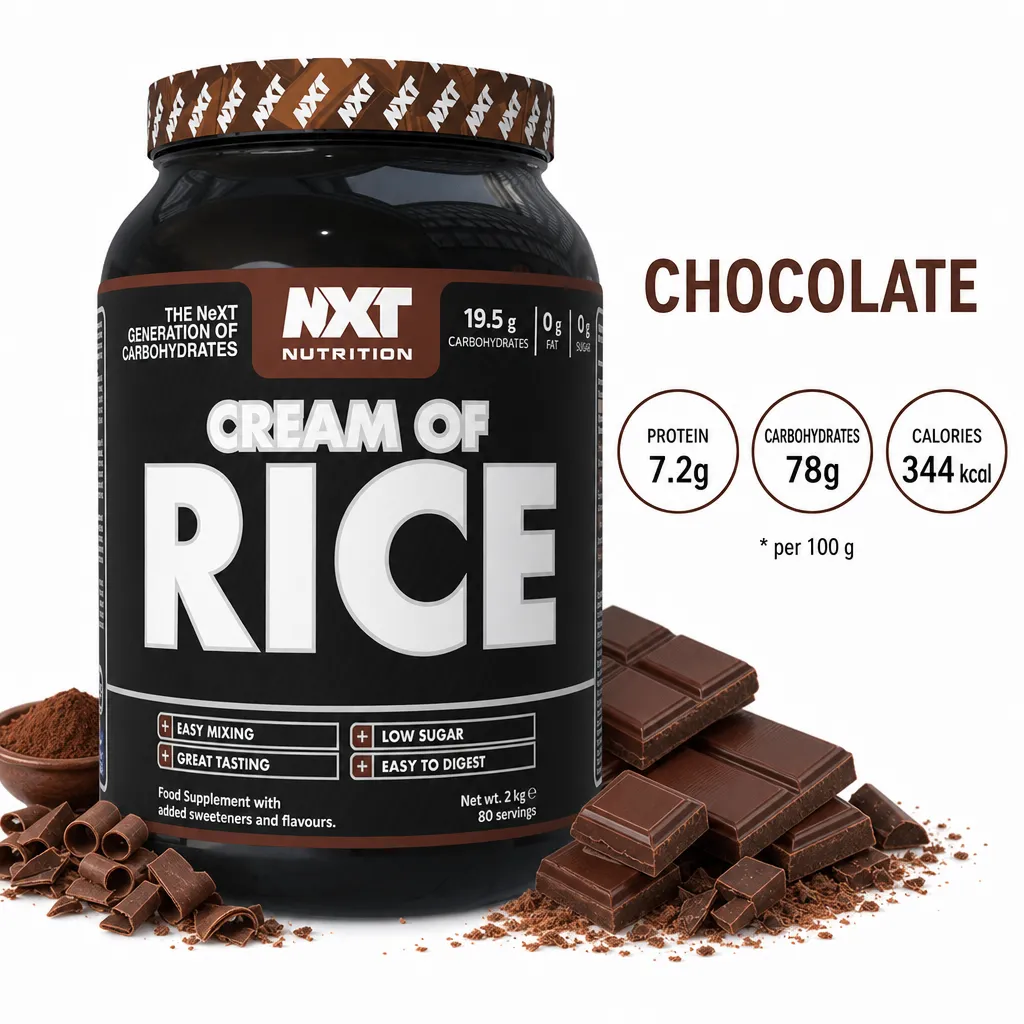 NXT Nutrition Cream Of Rice 2000g Chocolate is a gluten-free, vegan-friendly complex carbohydrate supplement with low sugar and fat, ideal for athletes and fitness enthusiasts.