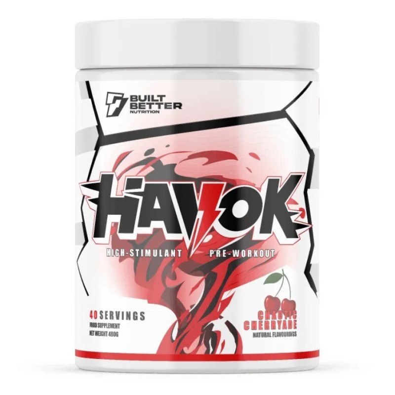Built Better Havok Pre-Workout high-stimulant supplement, grape cherryade flavour, 40 servings, in a white and red tub with cherry graphics.