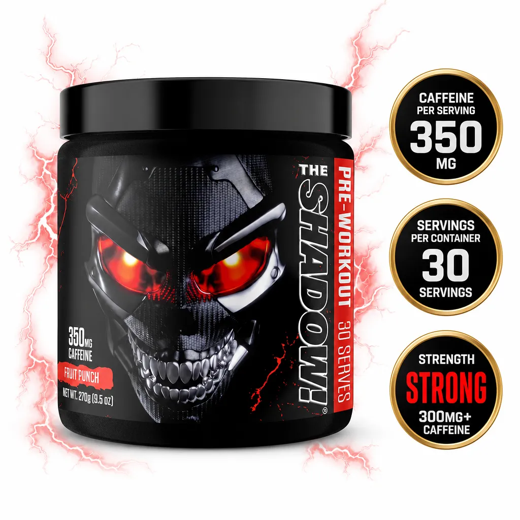 JNX Sports The Shadow! pre-workout supplement in Fruit Punch flavour, 30 servings, with 350 mg caffeine per serving