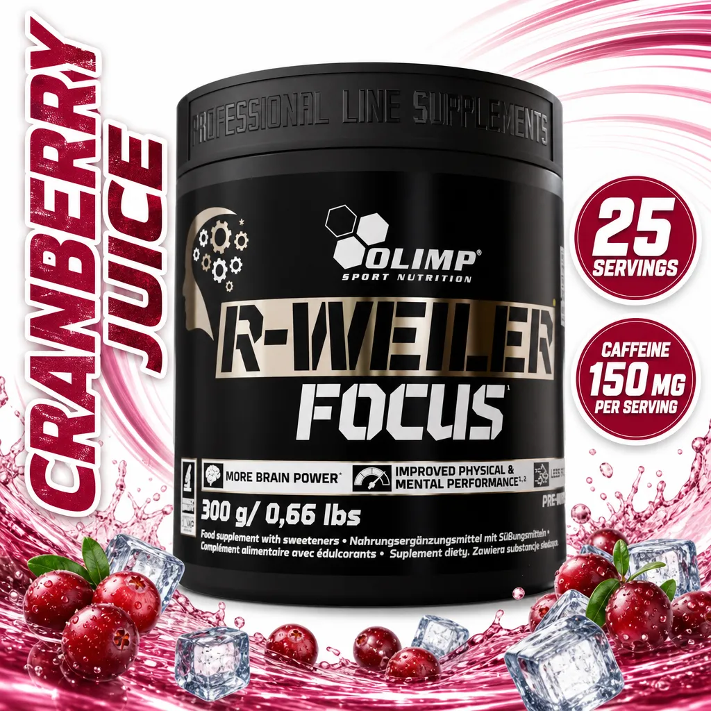 Olimp Nutrition R-Weiler Focus cranberry juice pre-workout powder, 300g black tub with 25 servings and 150mg caffeine per serving.