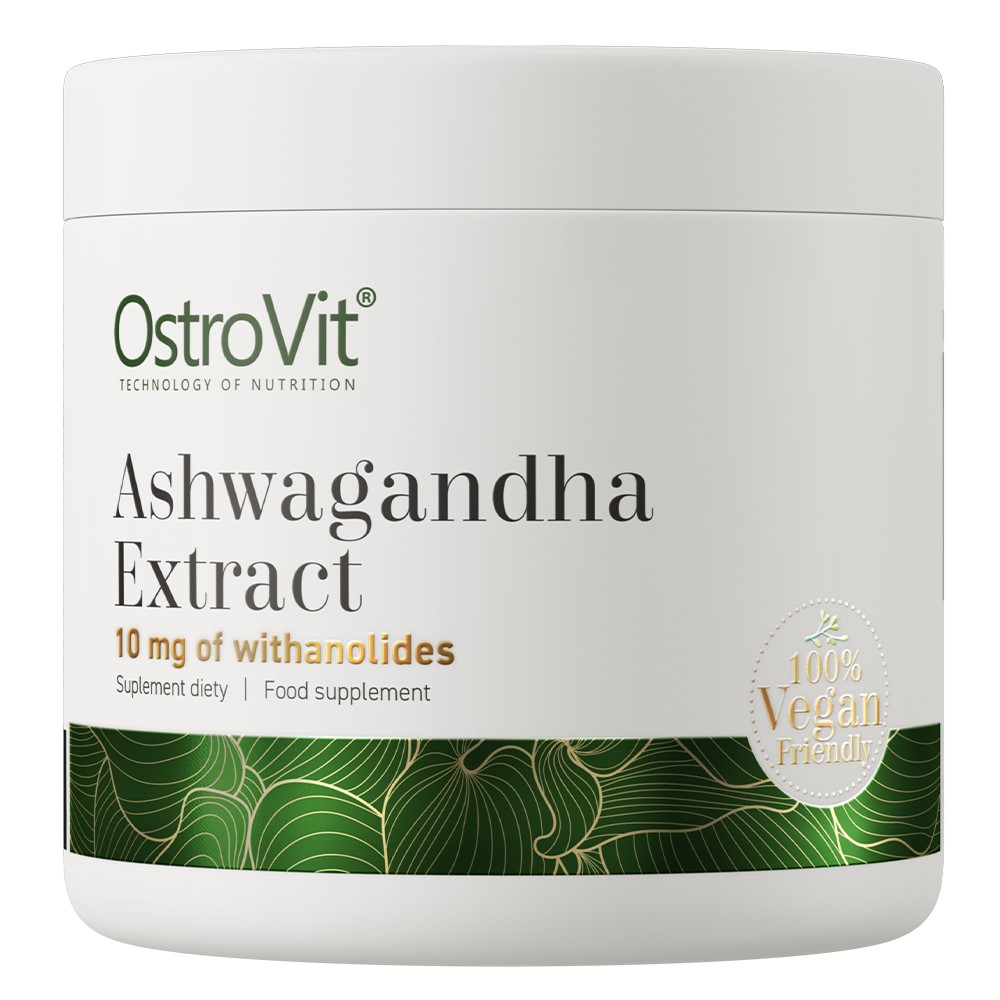 OstroVit Ashwagandha Extract 100g vegan-friendly herbal food supplement with 10 mg of withanolides per serving, in a white and green container.