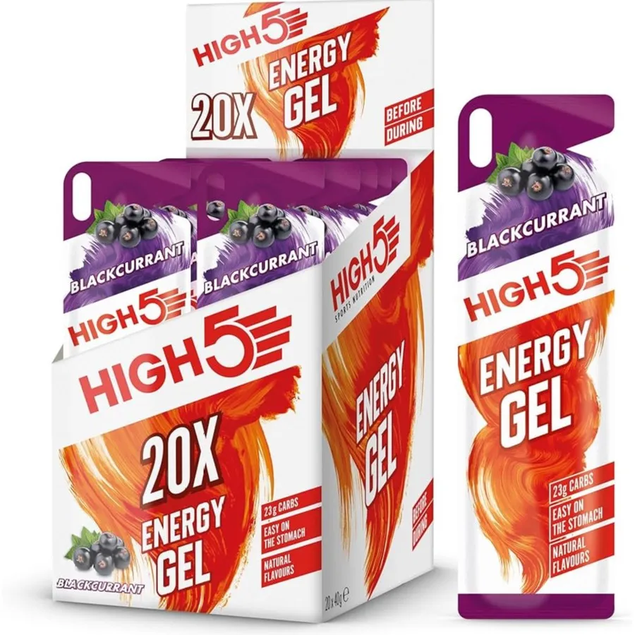 High5 Energy Gel Blackcurrant flavour sports nutrition gel, 20x40g pack, designed for endurance and energy with 23g carbs per sachet, easy on the stomach and made with natural flavours.