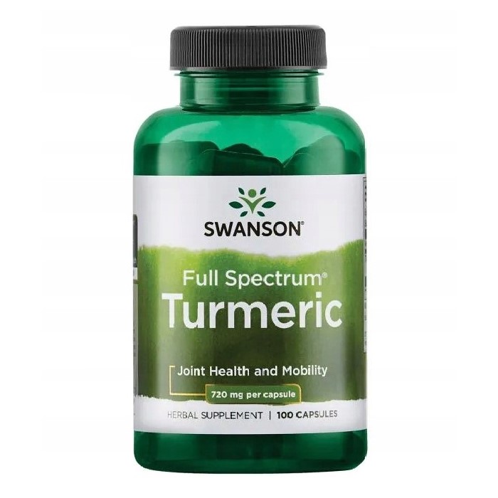 Swanson Full Spectrum Turmeric 720mg herbal supplement for joint health and mobility, 100 capsules, in a green bottle.