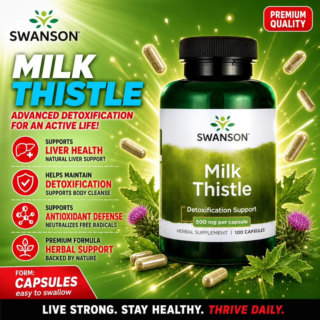 Swanson Milk Thistle 500mg per capsule herbal supplement, 100 capsules, for detoxification support and liver health, in a green bottle with capsules and milk thistle plant imagery.