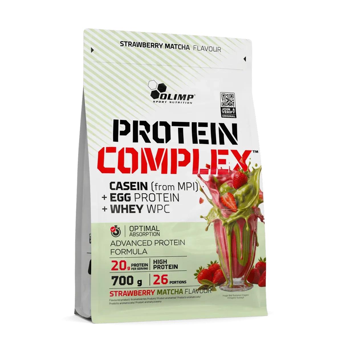 Olimp Protein Complex 100% protein powder in a 700 g pouch, Strawberry Matcha flavour, with a white and pale green design.