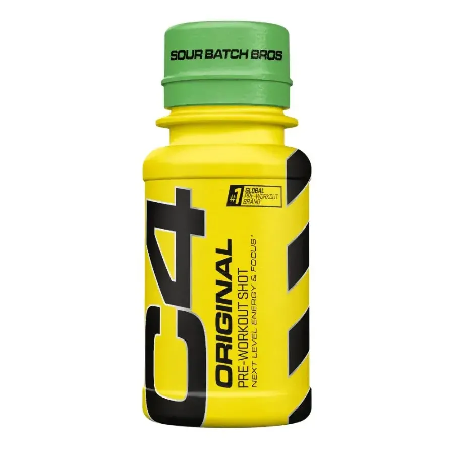 Cellucor C4 Original Pre-Workout Shot in Sour Batch Bros flavour, a yellow and green energy supplement shot for next level energy and focus.