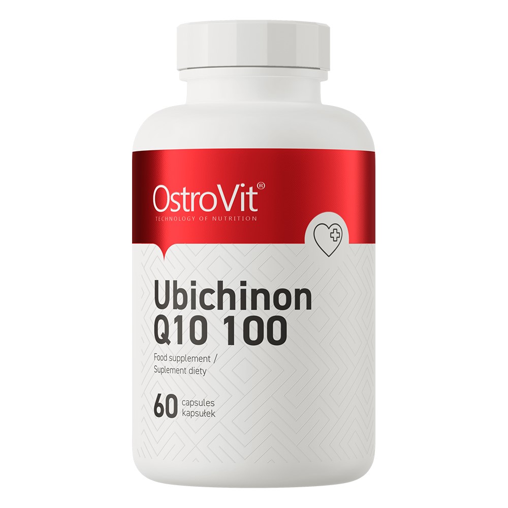 OstroVit Ubichinon Q10 100 food supplement, 60 capsules, coenzyme Q10 supplement in a white and red bottle