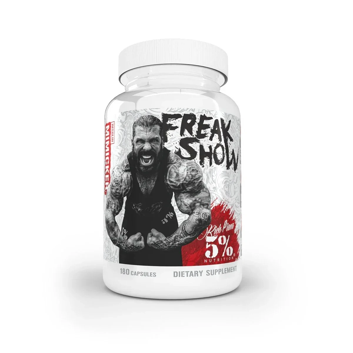 5% Nutrition Freak Show Legendary Series 180 Caps dietary supplement, advanced insulin mimicker for muscle growth and carbohydrate utilization, in a white bottle with bold graphics.