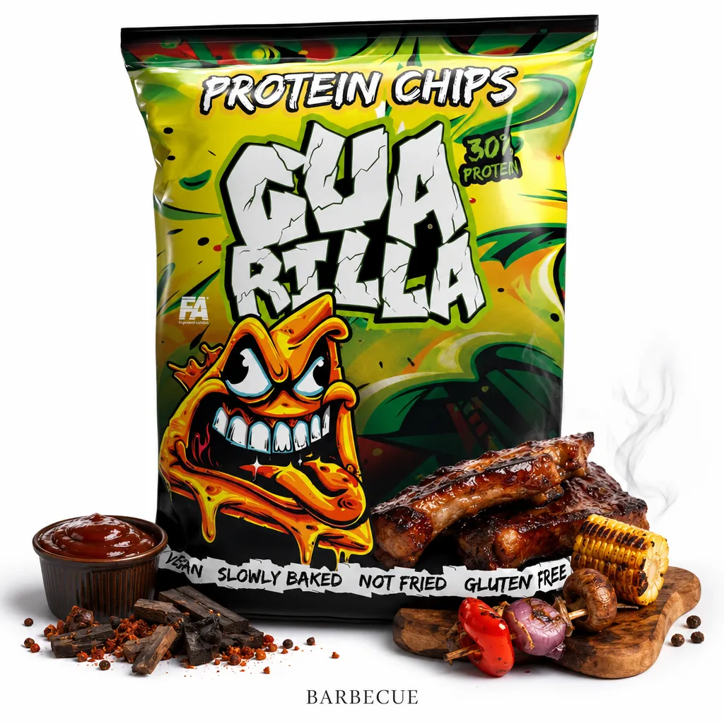 Guarilla Protein Chips 60g Barbecue flavor, high-protein vegan snack with 19g protein per pack, gluten free, slowly baked, and bold barbecue taste.