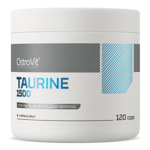 OstroVit Taurine 1500 120 caps taurine supplement, 1500 mg per daily serving, white plastic jar with blue and grey accents.