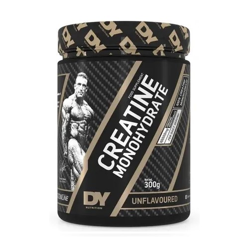 Dorian Yates Creatine Monohydrate 300g unflavoured dietary supplement in a black container with gold accents, featuring a bodybuilder image and DY Nutrition branding.