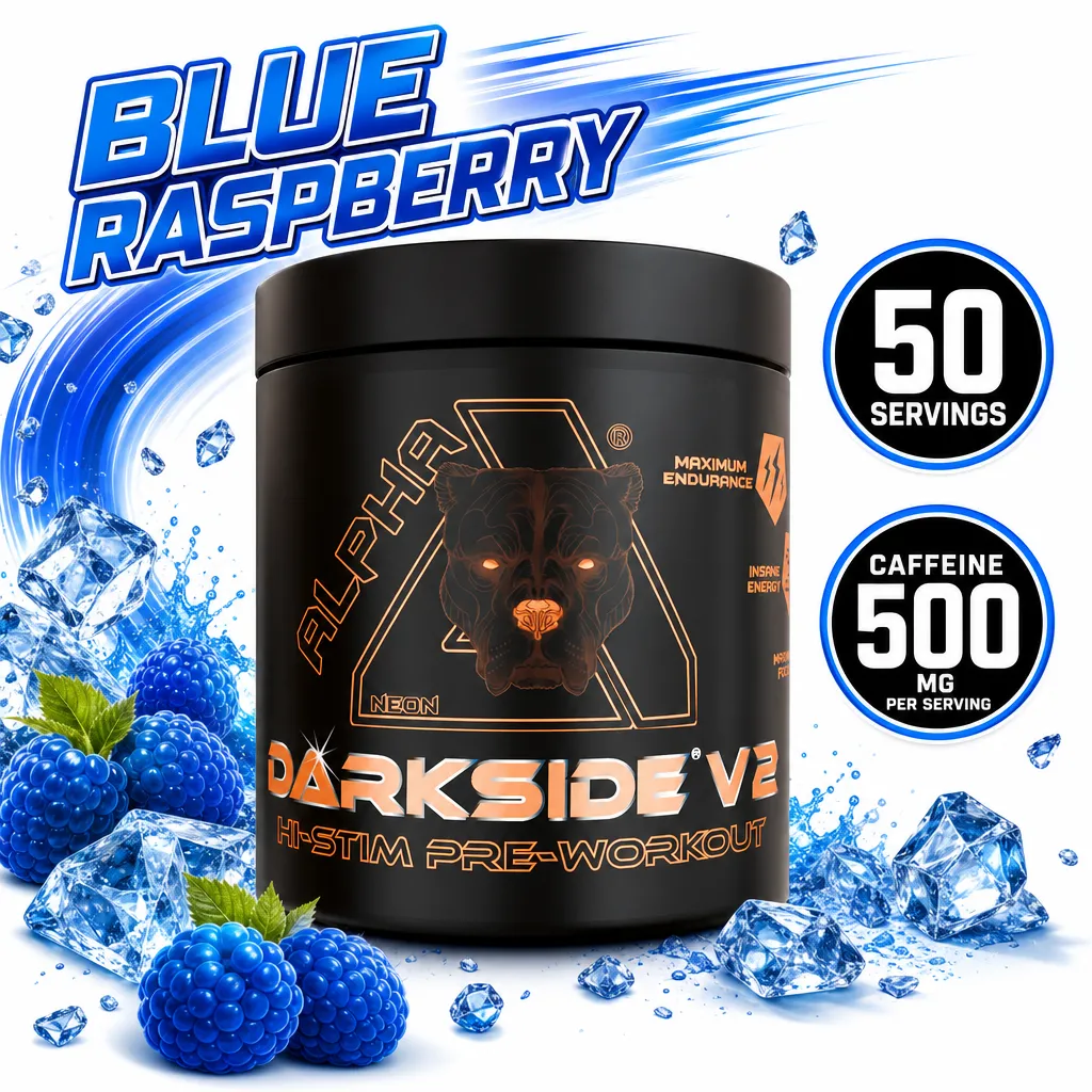 Alpha Neon Darkside V2 300g high-stimulant pre-workout in Blue Raspberry flavour, black tub with 50 servings and 500 mg caffeine