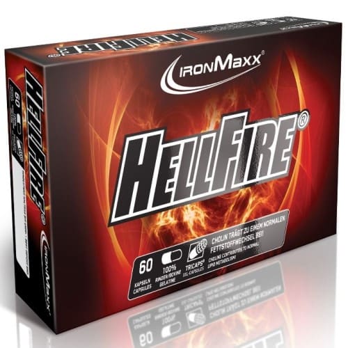 IronMaxx Hellfire Fat Burner 60 capsules, a dietary supplement designed to support normal fat metabolism, in a fiery red and black box packaging.