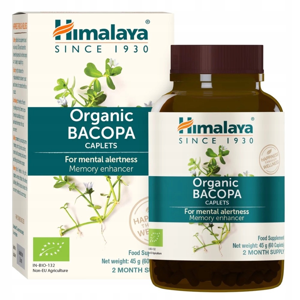 Himalaya Wellness Organic Bacopa 60 Caplets bottle with green and white label, containing herbal dietary supplement