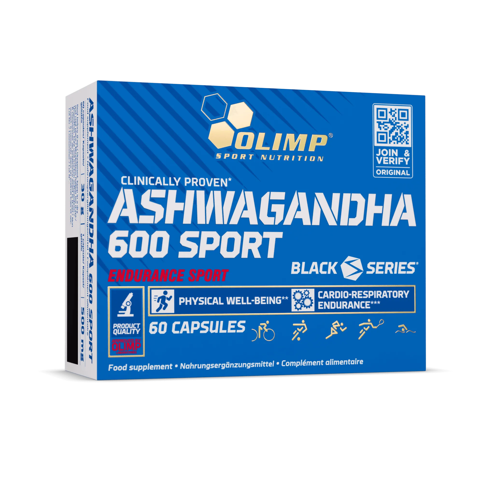 Olimp Ashwagandha 600 Sport 60 Caps by Olimp Nutrition, a blue box of adaptogenic supplement capsules designed for athletes, supporting stress resilience, cognitive function, and muscle mass.