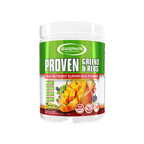 Gaspari Nutrition Proven Greens & Reds high nutrient superfood powder, Mango Splash flavour, 360g tub, green and white label with fruit imagery.