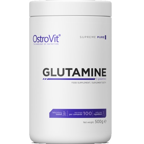 OstroVit Glutamine 500g unflavoured amino acid supplement, Supreme Pure series, white container with purple accents, 100 servings per container.