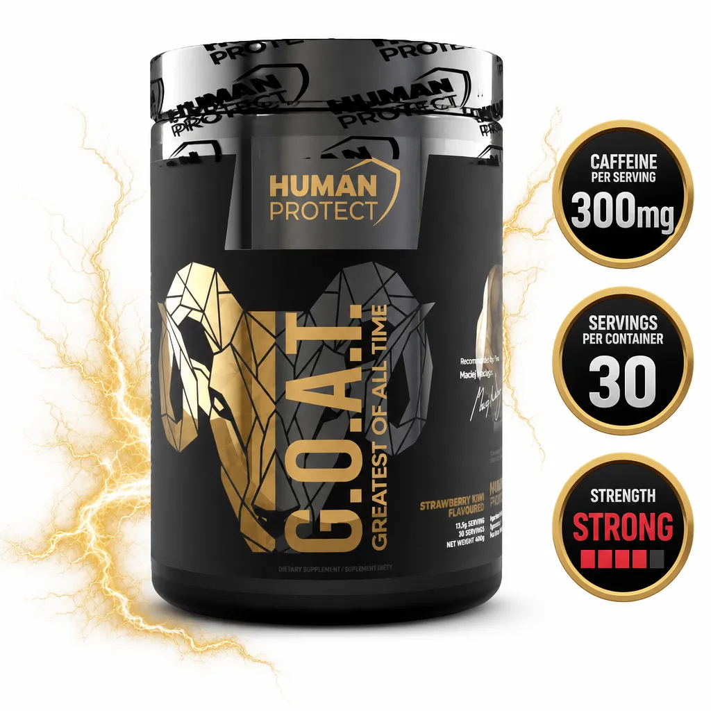 Human Protect G.O.A.T. 400g pre-workout powder, strawberry kiwi flavour, black and gold tub with 30 servings