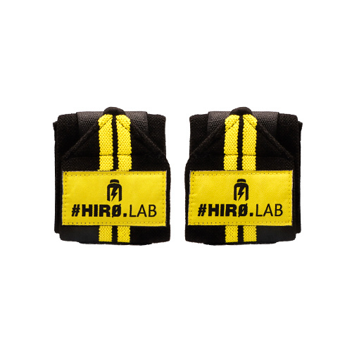 Hiro Lab Wrist Wraps black and yellow 2-piece set for wrist support, featuring a bold yellow stripe and logo patch, suitable for weightlifting and fitness training.