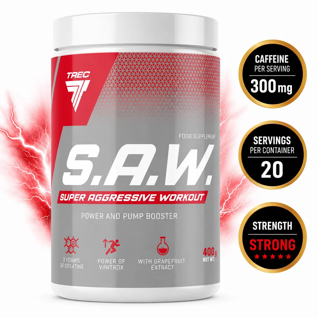 Trec Nutrition SAW 400g pre-workout supplement in a red and grey tub, featuring a power and pump booster formula
