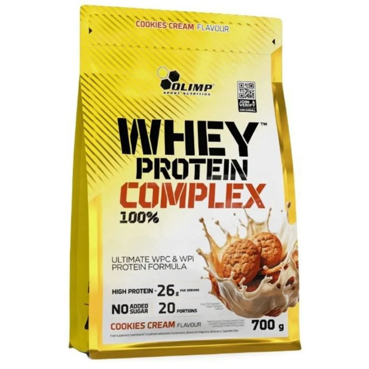 Olimp Protein Complex 100% whey protein powder in Cookies Cream flavour, 700 g, shown in a yellow pouch with a whey protein blend.