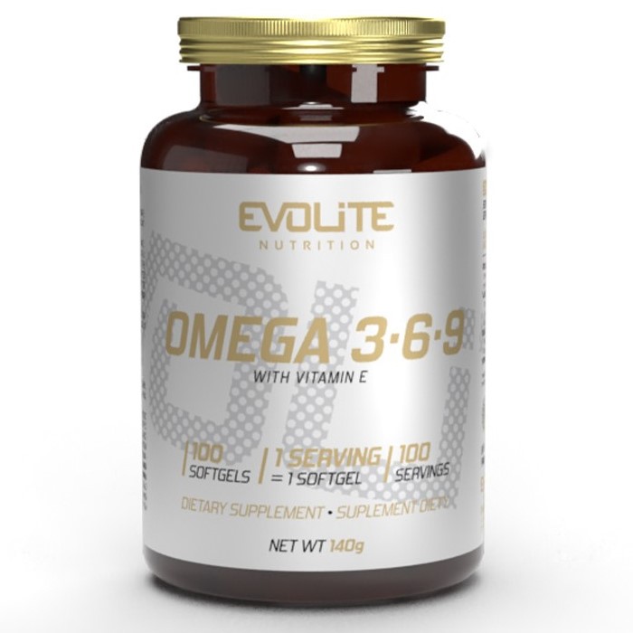 Evolite Omega 3-6-9 softgel dietary supplement with vitamin E, 100 softgels per bottle, designed to support overall health and wellness.