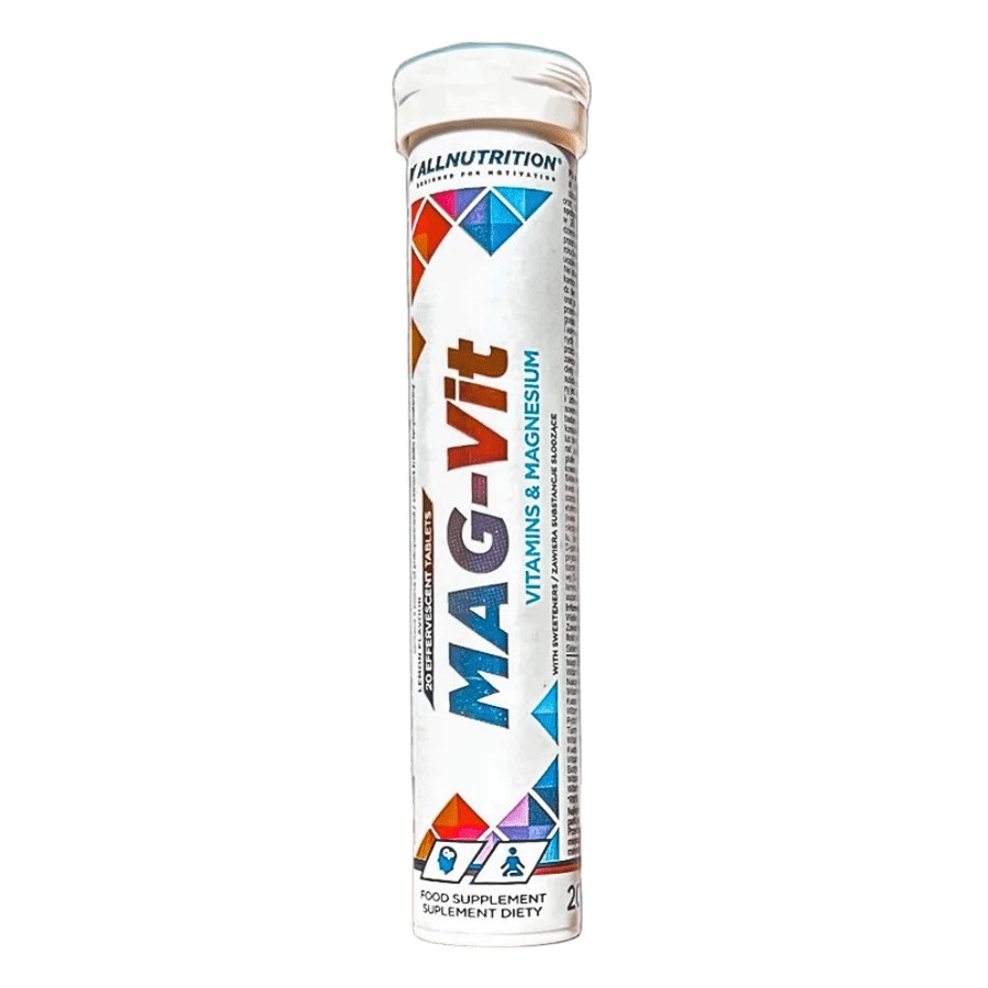 Allnutrition MAG-Vit effervescent tablets with vitamins and magnesium, tube of 20 tabs, food supplement, predominantly white packaging with colorful geometric accents.