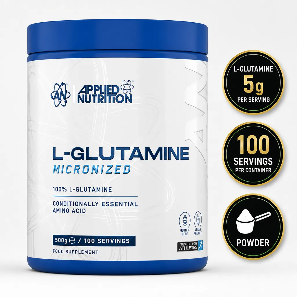 Applied Nutrition L-Glutamine 500g micronized powder supplement, featuring 100% L-glutamine, 5g per serving and 100 servings