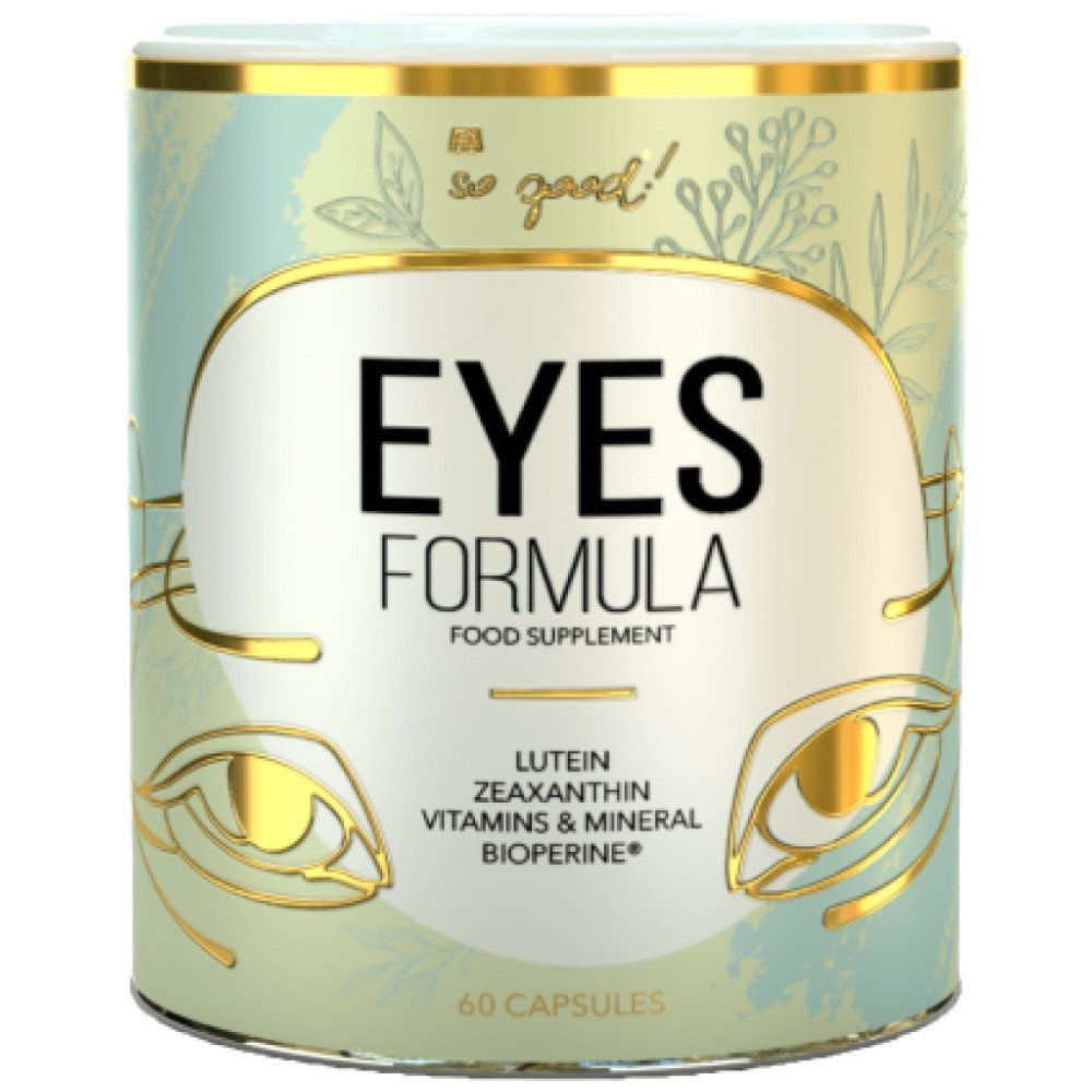 FA So Good! Eyes Formula food supplement with lutein, zeaxanthin, vitamins, minerals, and BioPerine, 60 capsules, in a light green and gold container.