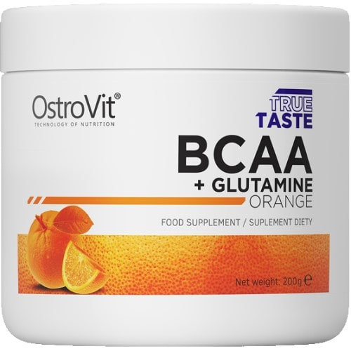 OstroVit BCAA + Glutamine Orange 200g food supplement with orange flavour, shown in a white tub with orange graphics and clear product labeling.