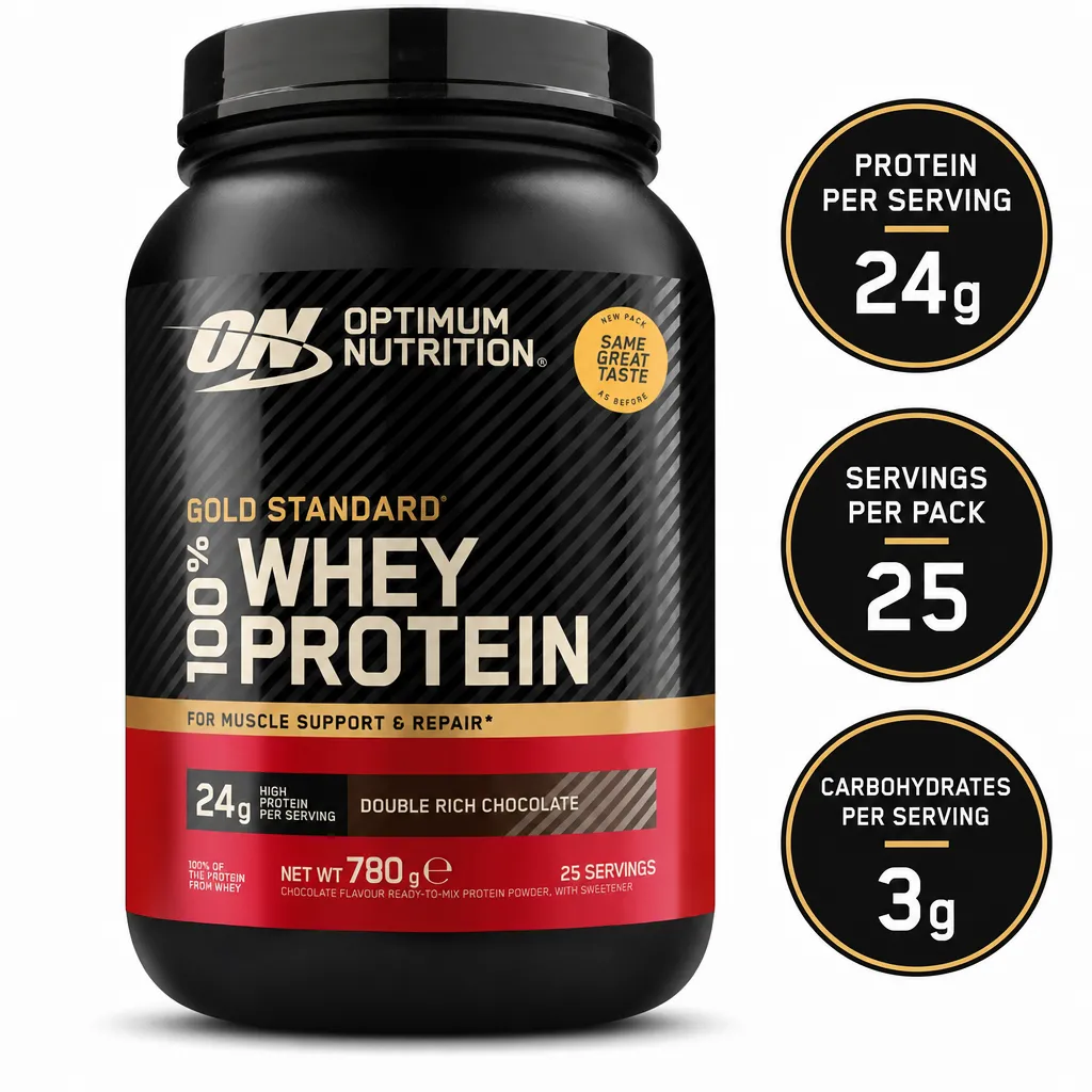 Optimum Nutrition Gold Standard 100% Whey 780g chocolate protein powder, Double Rich Chocolate flavour, 24g protein per serving