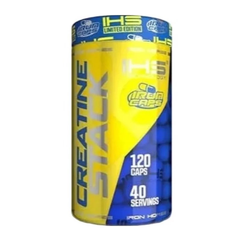 Iron Horse Creatine Stack 120 Caps creatine supplement in capsule form, limited edition packaging with yellow and blue design, 40 servings per container.