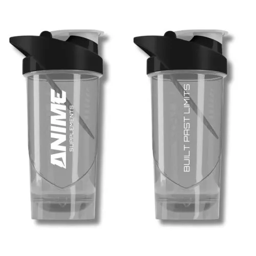 Anime Supplements Shield Mixer transparent protein shaker with black lid and shield design
