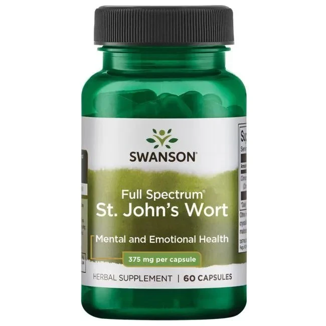 Swanson St. John's Wort 375mg 60 Caps herbal supplement, featuring a green bottle with black cap, designed to support mental and emotional health.