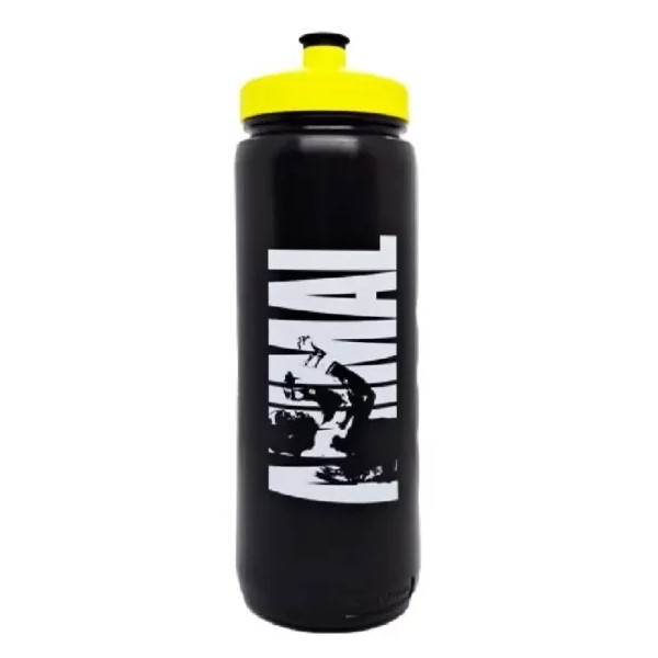 Universal Nutrition Animal Water Bottle 1000ml black sports bottle with bold white 'ANIMAL' text and a yellow cap, designed for gym and fitness use.