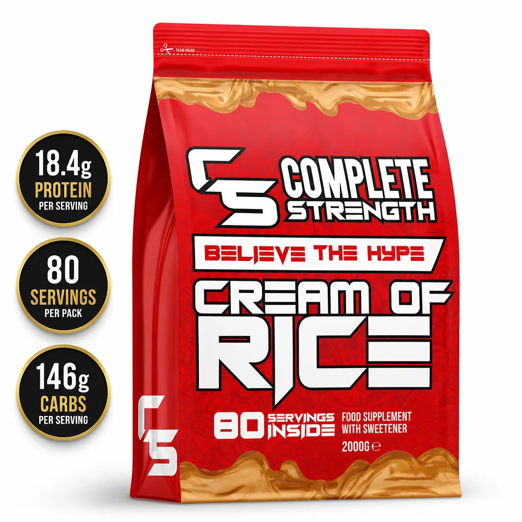 Complete Strength Cream of Rice carbohydrate supplement, 80 servings in a red 2000g pouch