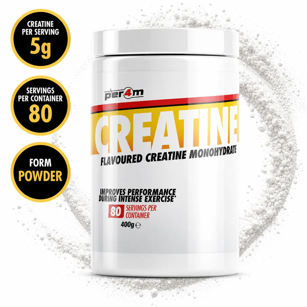 Per4m Creatine 400g flavoured creatine monohydrate powder in a white tub with 80 servings and 5g per serving
