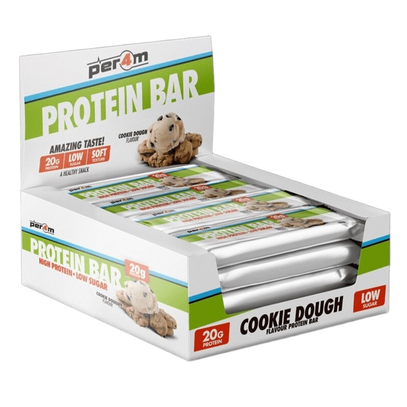 Per4m Protein Bar cookie dough flavour, high protein low sugar snack bar with 20g protein per bar, displayed in a white and green box with cookie dough imagery.